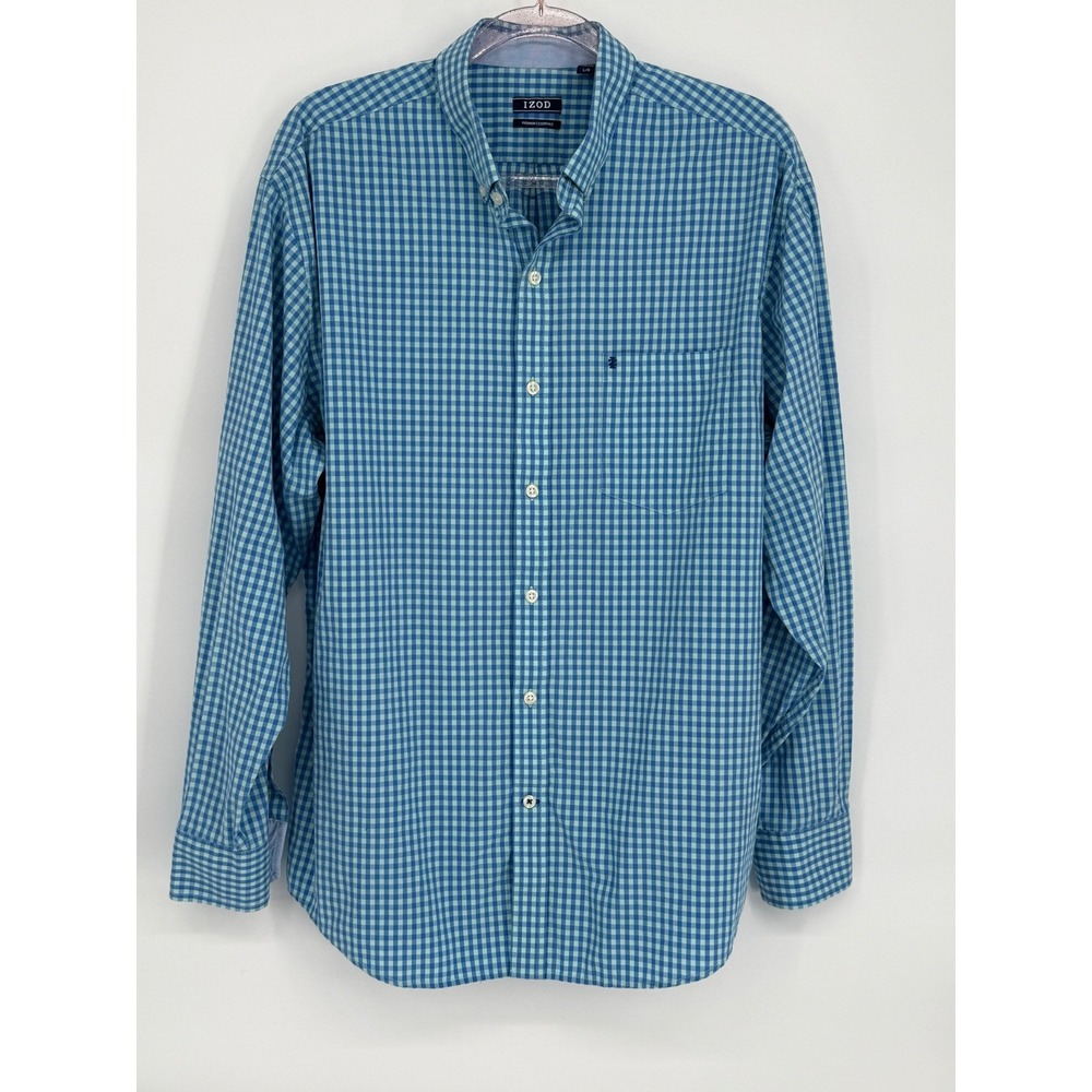 IZOD Premium Essentials Mens L Teal Blue Gingham Check Button Down Shirt